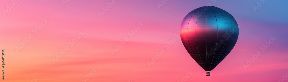 Naklejka premium A stunning hot air balloon floats against a vibrant sunset sky, showcasing colorful hues of pink and orange. Perfect for travel themes.
