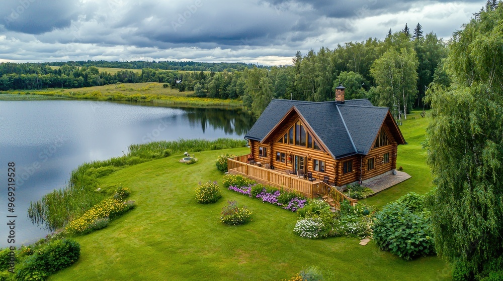 A beautiful log cabin surrounded by green grass, flowers, and trees on the edge of an area with a lake in Russia. The aerial view captures the entire A beautiful log cabin surrounded by green grass, flowers, and trees on the edge of an area with a lake in Russia. The aerial view captures the entire