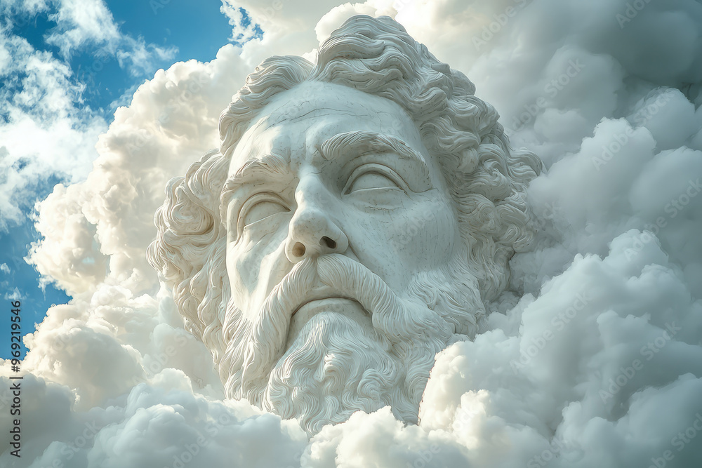 A serene close up of wise face in clouds, evoking sense of divinity and peace A serene close up of wise face in clouds, evoking sense of divinity and peace