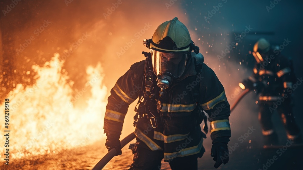 Firefighters are extinguishing a burning fire. Fireman putting out fire Firefighters are extinguishing a burning fire. Fireman putting out fire