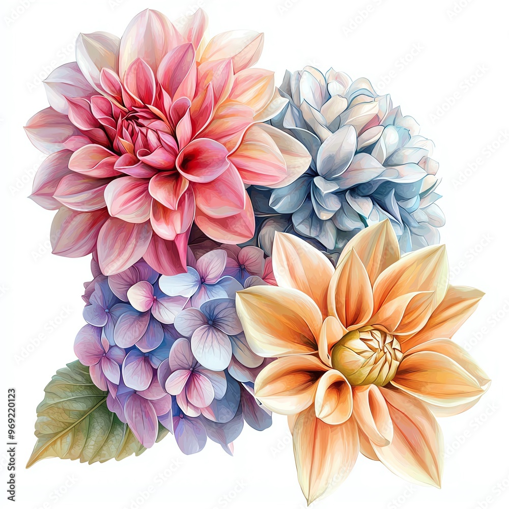A vibrant floral arrangement featuring pink, blue, and orange blossoms ideal for decorative or artistic purposes. A vibrant floral arrangement featuring pink, blue, and orange blossoms ideal for decorative or artistic purposes.