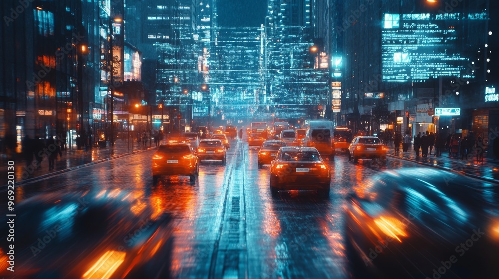 Holographic displays showing real-time traffic analytics: Futuristic city streets with holograms guiding traffic. Holographic displays showing real-time traffic analytics: Futuristic city streets with holograms guiding traffic.