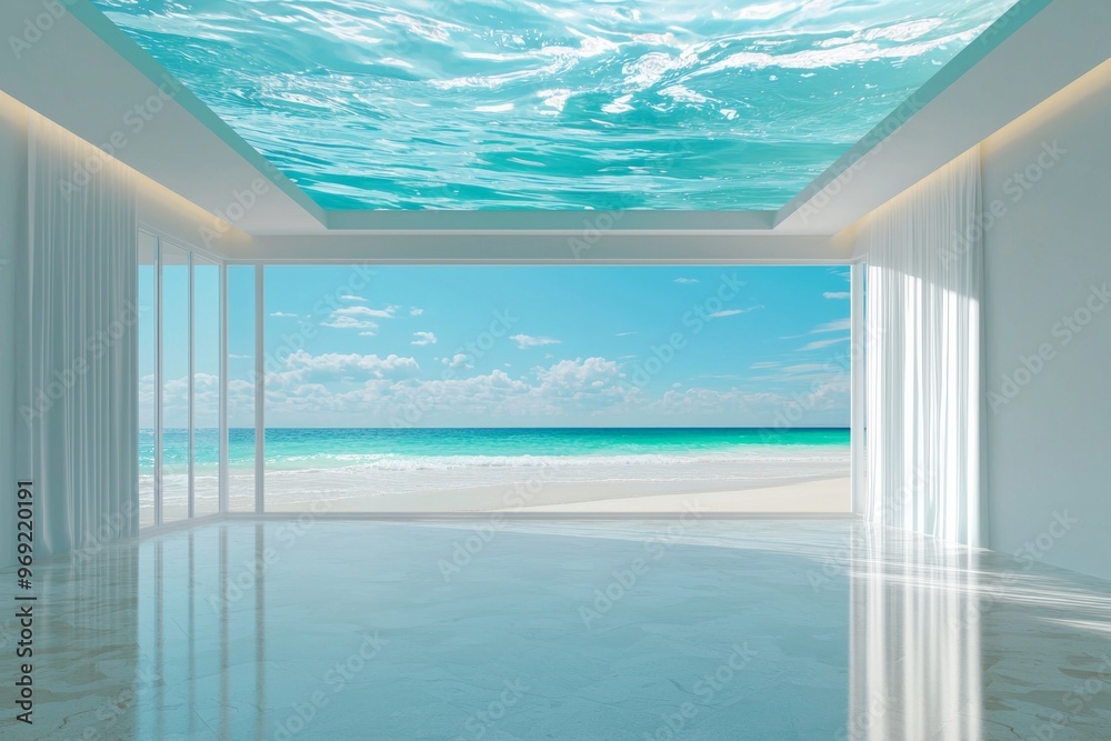A surreal modern empty room with clear water on the ceiling, white beach view A surreal modern empty room with clear water on the ceiling, white beach view