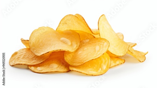 Yellow potato chips pile isolated on white background. Neural network ai generated art