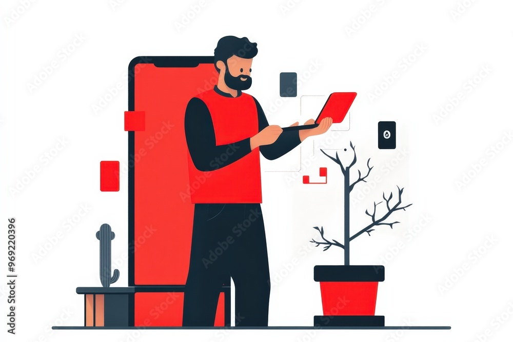 Innovative professional engaged in mobile app branding with bold visuals and technology concepts. Innovative professional engaged in mobile app branding with bold visuals and technology concepts.