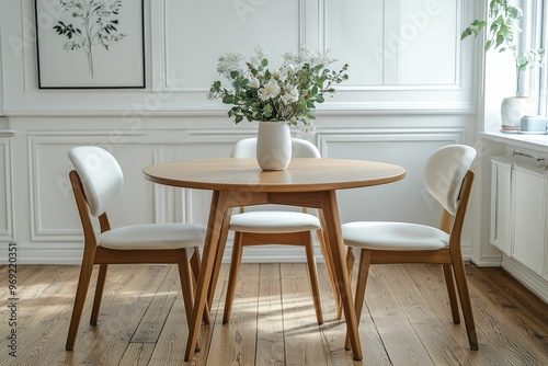 A cozy dining area featuring a round table and floral arrangement.