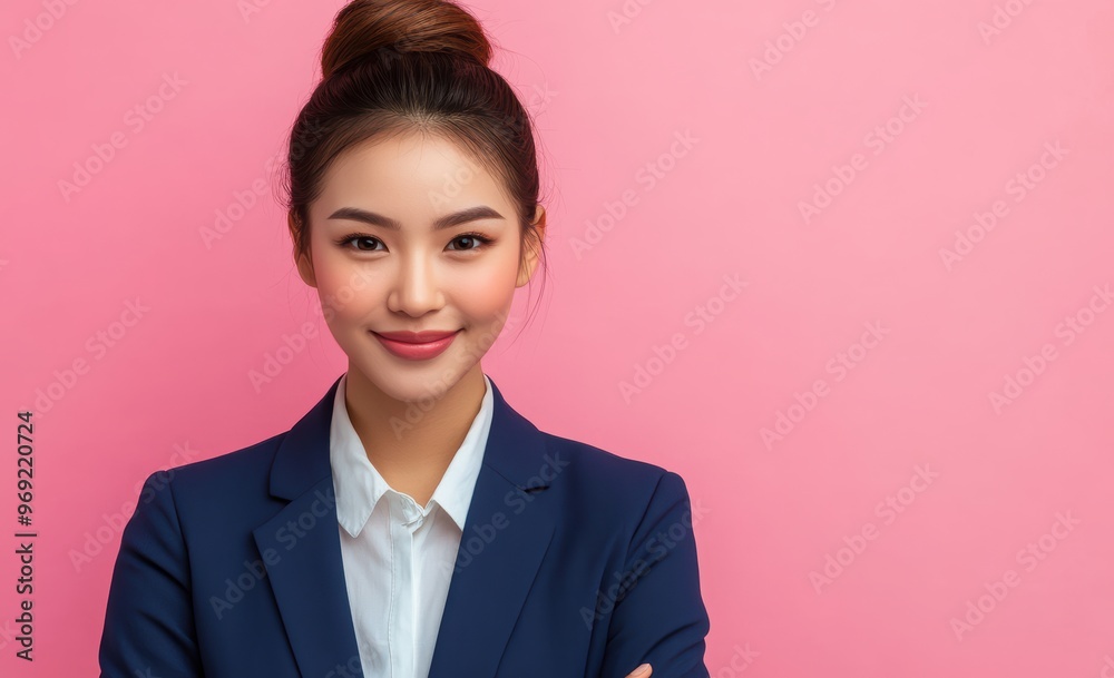 young Japanese woman in business attire stands with confidence against a pastel pink background, her posture and expression emphasizing a balance of professionalism. young Japanese woman in business attire stands with confidence against a pastel pink background, her posture and expression emphasizing a balance of professionalism.