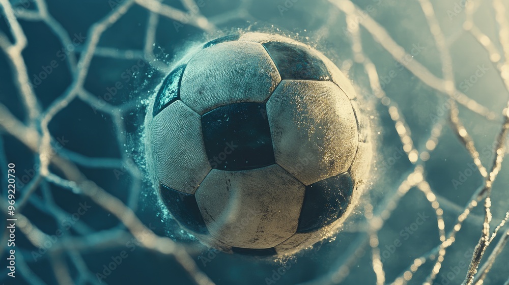 Fototapeta premium A dramatic close-up of a soccer ball as it scores, hitting the net in motion, capturing the essence of a perfect goal.