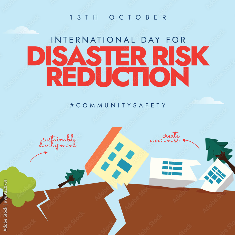 Obraz premium International Day for Disaster Risk Reduction. 13th October Disaster risk reduction awareness banner with road cracked due to earthquake, houses collapsed, fallen trees. Empowering next generation.