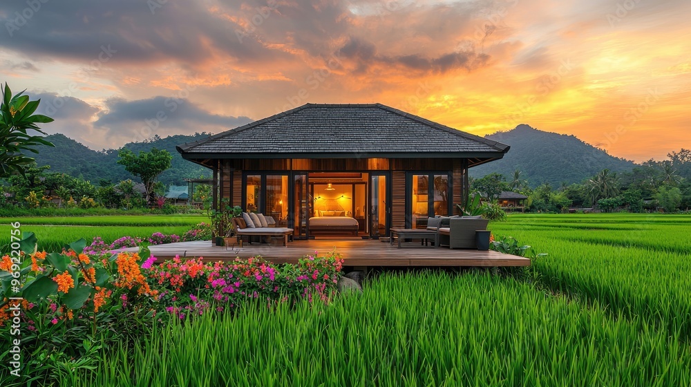Fototapeta premium A beautiful, modern wooden bungalow with a terrace and garden in front, surrounded by rice fields at sunset. The architecture is in the traditional professional photographer.