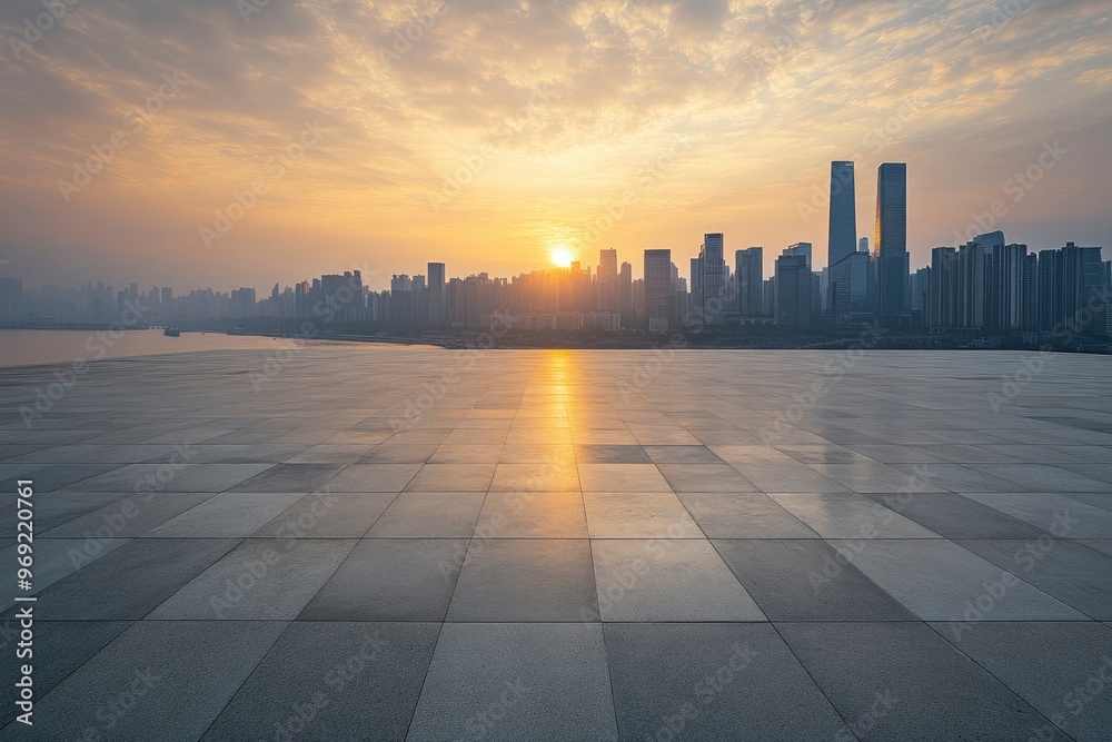 Empty square floors and city skyline with modern buildings in Chongqing at sunrise with generative ai Empty square floors and city skyline with modern buildings in Chongqing at sunrise with generative ai