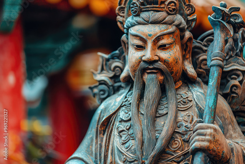 A detailed statue of Tudi Gong, Earth God, showcasing intricate craftsmanship and vibrant colors photo