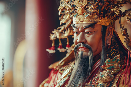 A close up of god of underworld Yan Wang, showcasing intricate details and vibrant colors