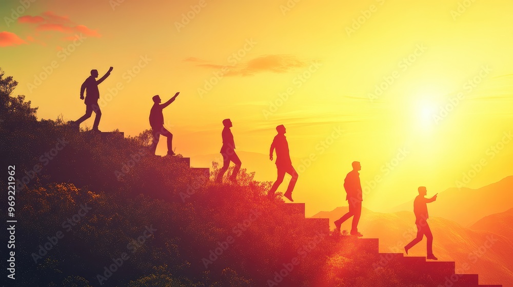 Sustainable growth, long term success or growing business with winning strategy, improvement or steps to team success, productivity concept, business people employee step up sustained growth arrow Sustainable growth, long term success or growing business with winning strategy, improvement or steps to team success, productivity concept, business people employee step up sustained growth arrow