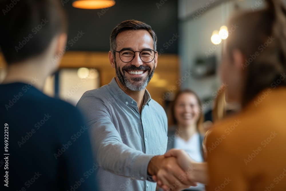 Business professionals meet for the first time at a conference, exchanging smiles and handshakes as they introduce themselves. The environment is welcoming and conducive to networking. Business professionals meet for the first time at a conference, exchanging smiles and handshakes as they introduce themselves. The environment is welcoming and conducive to networking.