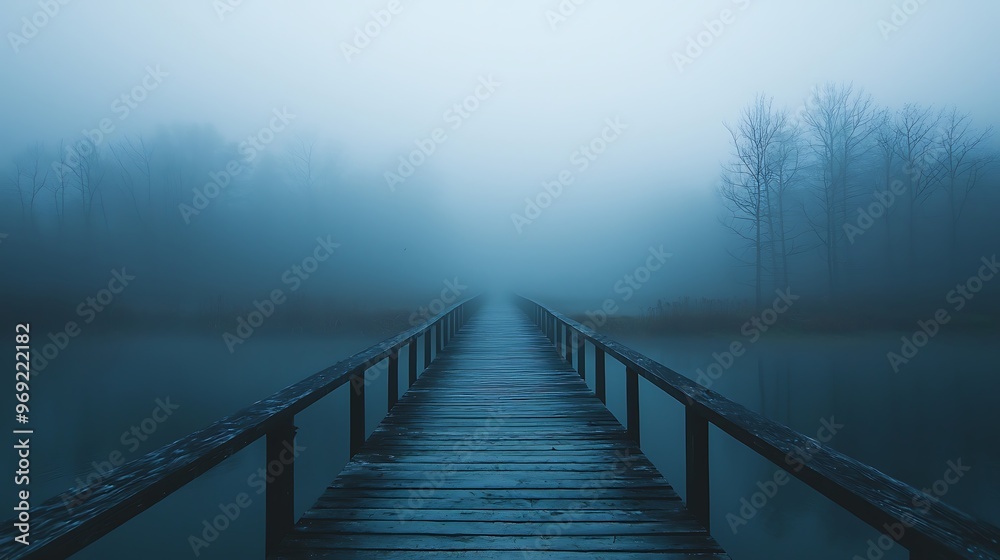 A misty wooden bridge leads into a foggy abyss, shrouded in mystery. A misty wooden bridge leads into a foggy abyss, shrouded in mystery.