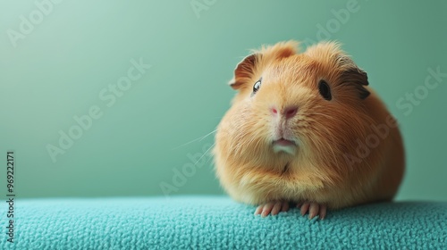 A tiny dwarf guinea pig sitting on a turquoise surface, its nose twitching photo