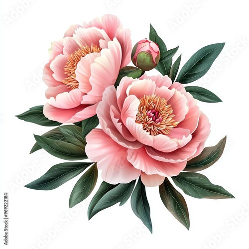 Beautiful pink peonies with lush green leaves, symbolizing elegance and grace, perfect for floral designs and art projects.
