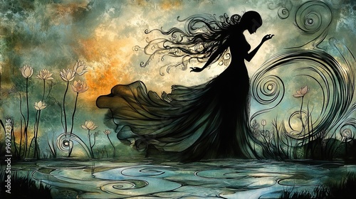 A dreamlike Art Nouveau scene of a water nymph emerging from a misty lake, her silhouette framed by swirling water and blooming lotuses. photo