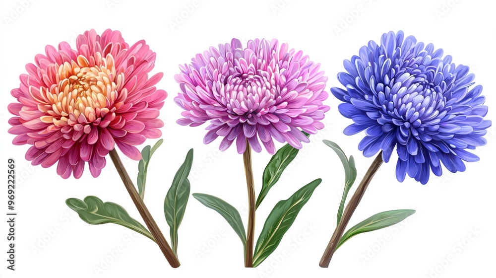 Colorful asters in pink, purple, and blue, showcasing vibrant petals and lush green leaves, perfect for floral designs. Colorful asters in pink, purple, and blue, showcasing vibrant petals and lush green leaves, perfect for floral designs.