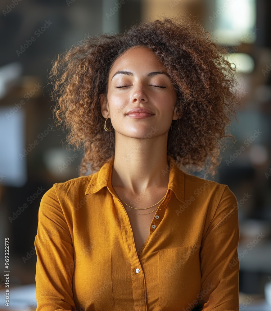 Portrait of calm business woman with closed eyes standing in office, wearing mustard shirt, arms crossed, curly hair, blurred background.
