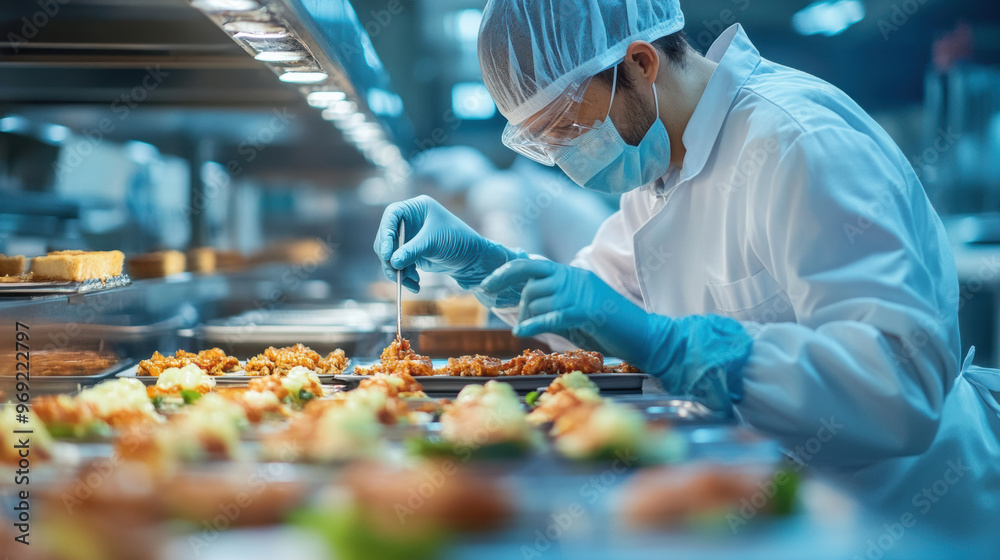 Obraz premium A worker performing manual quality check on food in professional kitchen, ensuring safety and hygiene standards are met. focused expression highlights importance of quality control in food preparation