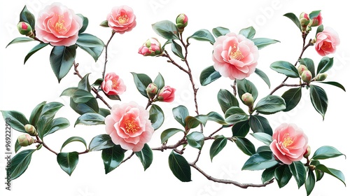 Delicate pink flowers with lush green leaves, symbolizing beauty and elegance, perfect for floral designs and nature-themed projects.