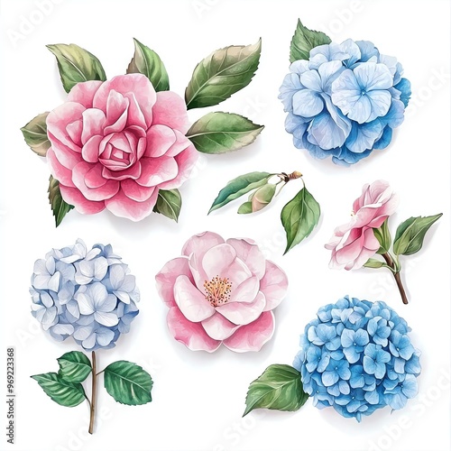 Vibrant botanical illustration featuring delicate flowers and lush leaves, perfect for floral design and artistic projects.