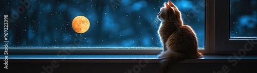 A cat sitting on a windowsill, staring out at the night sky, with a full moon illuminating the scene photo