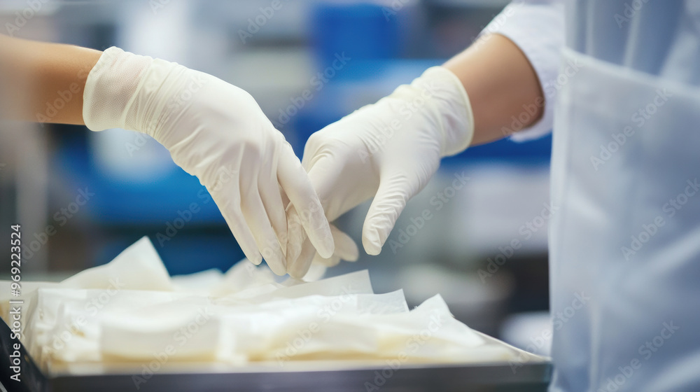 image shows worker using gloves to handle delicate products, emphasizing care and precision in professional environment