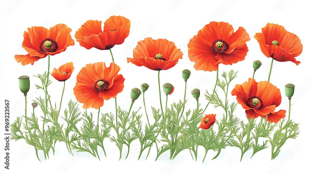 Fototapeta premium Vibrant orange poppy flowers in a picturesque arrangement, showcasing nature's beauty and elegance in a colorful landscape.