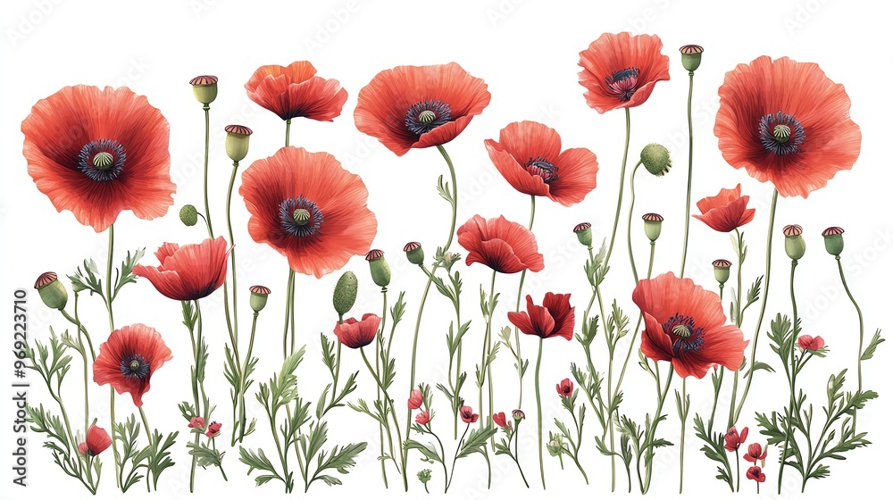 Vibrant red poppy flowers in a row, showcasing delicate petals and lush green stems, perfect for nature-themed designs. Vibrant red poppy flowers in a row, showcasing delicate petals and lush green stems, perfect for nature-themed designs.
