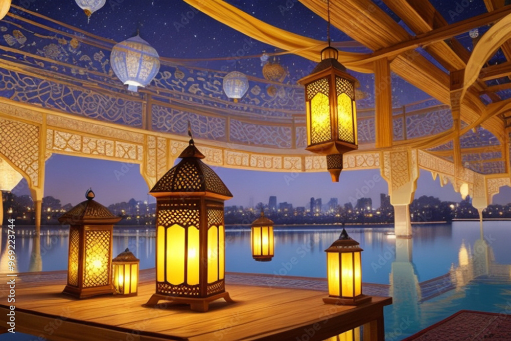 Fototapeta premium The Muslim feast of the holy month of Ramadan Kareem Beautiful background with a shining lantern Fanus