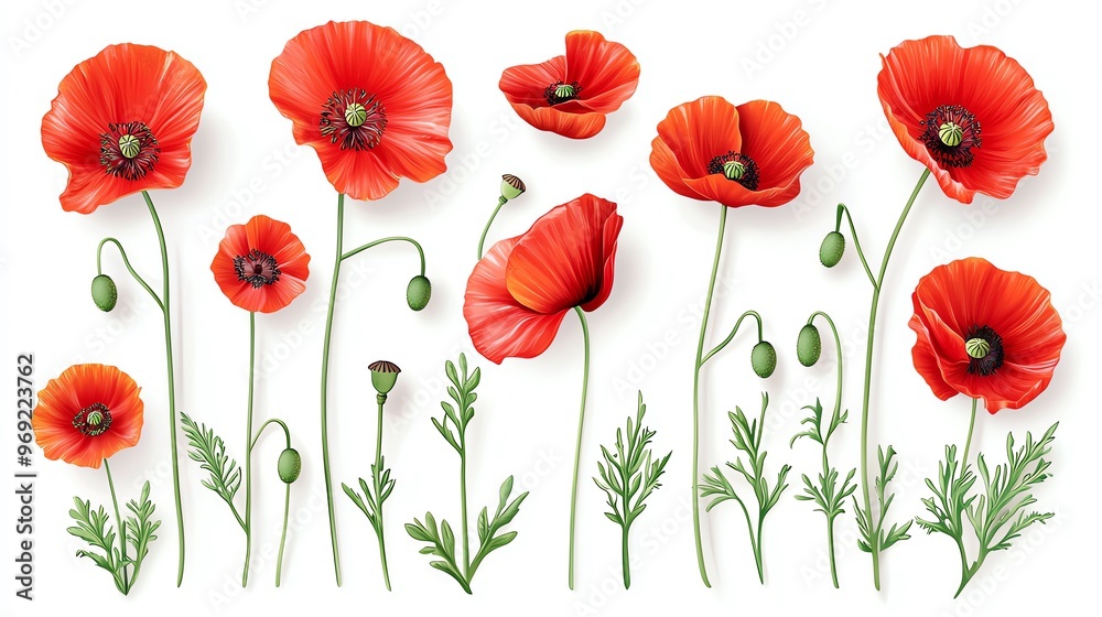 Obraz premium Vibrant red poppy flowers in various stages of bloom, showcasing their beauty with delicate green stems and leaves.