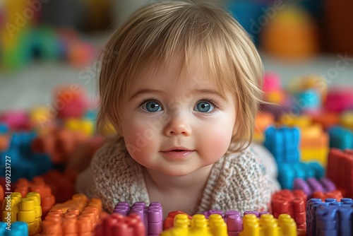joyful playtime adorable baby girl exploring colorful toys in vibrant playroom soft warm lighting candid moment capturing curiosity and wonder cheerful nurturing atmosphere