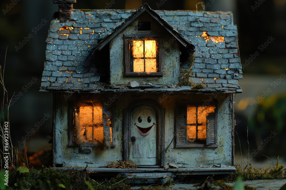 A charming dollhouse with glowing windows and friendly face, evoking warmth A charming dollhouse with glowing windows and friendly face, evoking warmth
