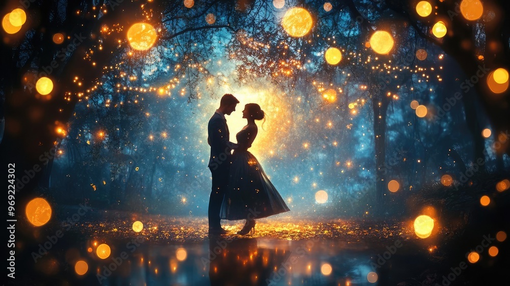 A couple dancing under the stars, with twinkling lights and soft silhouettes capturing the romantic mood A couple dancing under the stars, with twinkling lights and soft silhouettes capturing the romantic mood