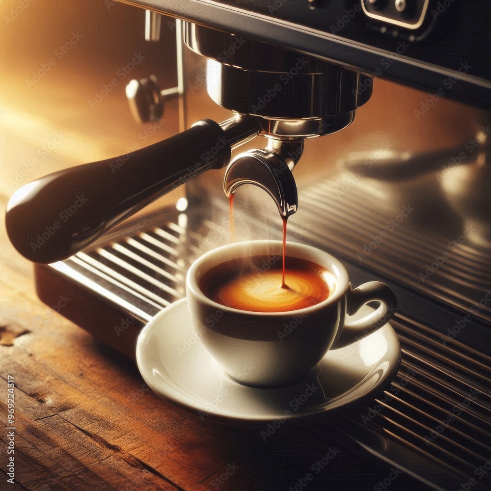 A warm and inviting image of an espresso machine pouring a rich espresso into a white cup. The golden crema and the steam rising from the coffee create a cozy atmosphere, perfect for themes of morning A warm and inviting image of an espresso machine pouring a rich espresso into a white cup. The golden crema and the steam rising from the coffee create a cozy atmosphere, perfect for themes of morning