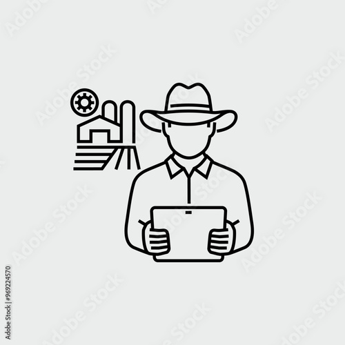 Farmer Using Tablet Monitoring Smart Farming Vector Line Icon