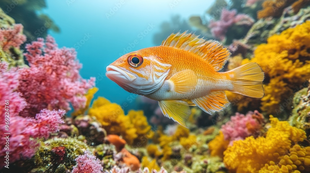 Naklejka premium Vibrant orange fish swimming among colorful coral reef.