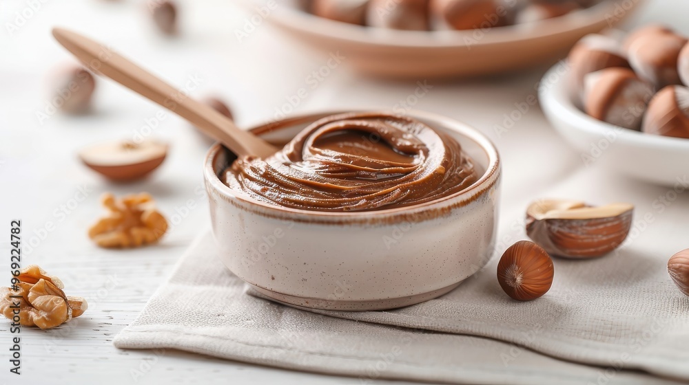 A close-up shot of hazelnut spread with a smooth, creamy texture. A close-up shot of hazelnut spread with a smooth, creamy texture.