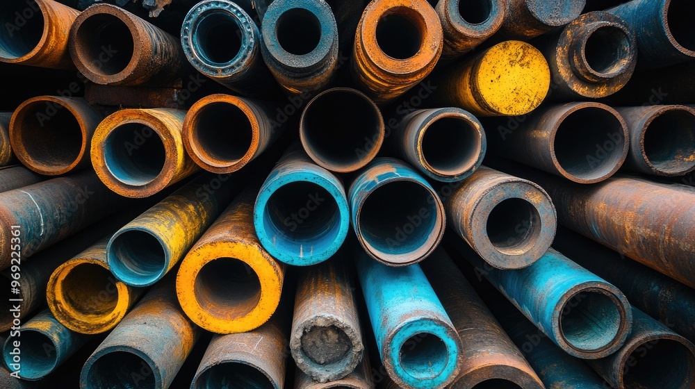 A close-up shot of various rusty and painted pipes. This photo is perfect for illustrating articles on industrial construction or metalworking. A close-up shot of various rusty and painted pipes. This photo is perfect for illustrating articles on industrial construction or metalworking.