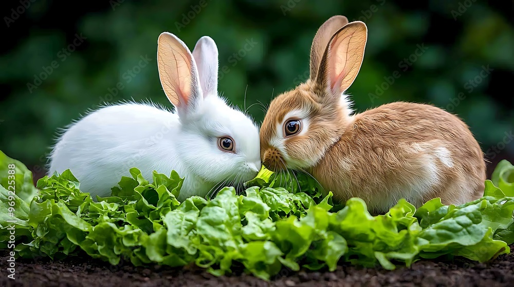 Adorable bunnies nibble on fresh lettuce in a lush green garden, a peaceful scene of nature. Adorable bunnies nibble on fresh lettuce in a lush green garden, a peaceful scene of nature.
