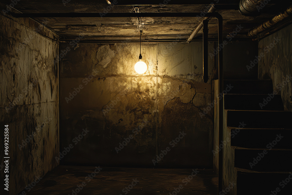 Dimly lit basement with flickering light bulb and damp walls, creating an eerie atmosphere Dimly lit basement with flickering light bulb and damp walls, creating an eerie atmosphere