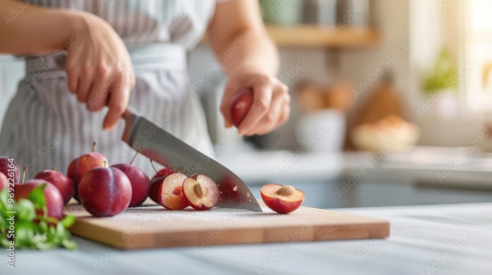 Plum being sliced with a knife, revealing juicy flesh and pit, on a cutting board in a modern kitchen setting.