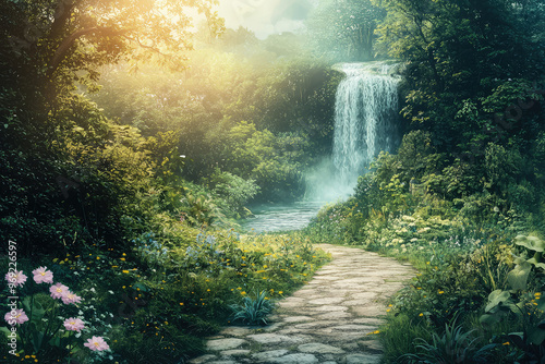 A dreamy paradise landscape with winding path leading to waterfall