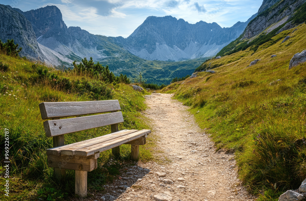 A Scenic Mountain Trail with an Empty Wooden Bench for Peaceful Outdoor Escapes A Scenic Mountain Trail with an Empty Wooden Bench for Peaceful Outdoor Escapes