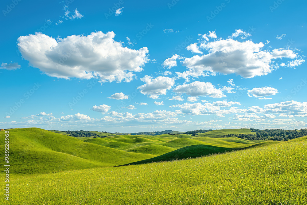A dreamy paradise landscape with rolling hills and bright blue sky A dreamy paradise landscape with rolling hills and bright blue sky