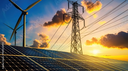 Renewable Energy Landscape with Solar Panels and Wind Turbines at Sunset