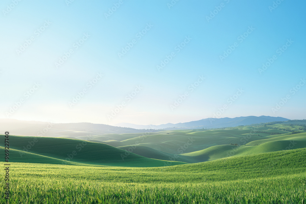 A dreamy paradise landscape with rolling hills and clear sky A dreamy paradise landscape with rolling hills and clear sky